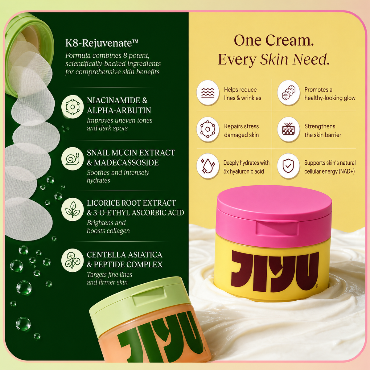 JiYu Daily Toner Pads and NAD+ Cream set with ingredient and skincare benefit callouts