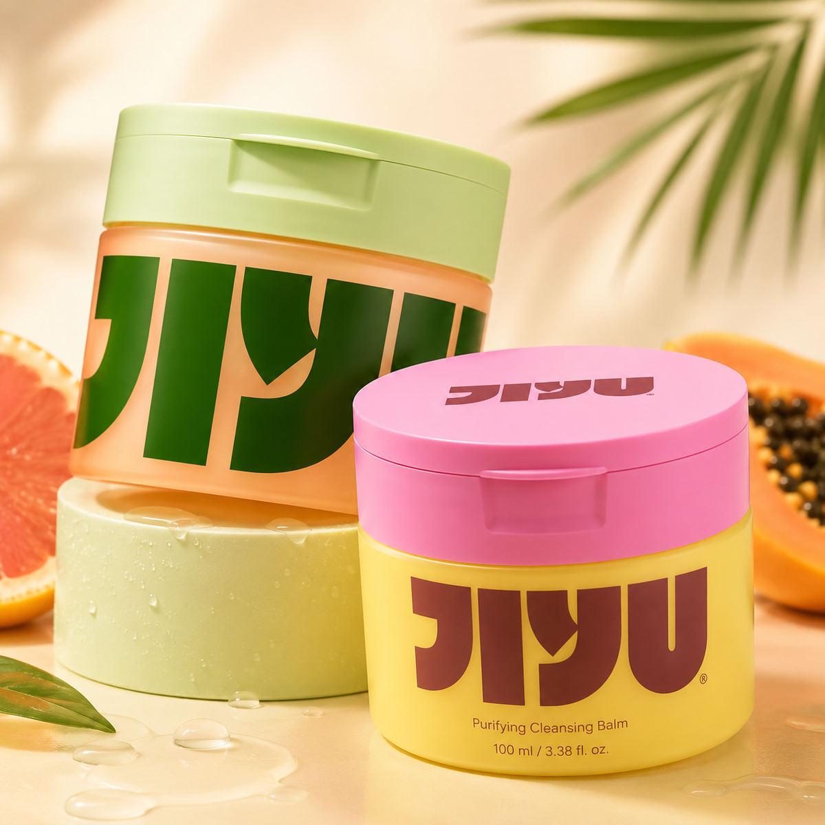 JiYu Purifying Cleansing Balm 100 ml jars in green and pink packaging