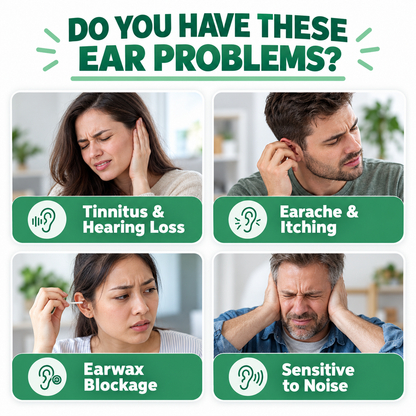 A promotional graphic with the headline 'DO YOU HAVE THESE EAR PROBLEMS?' above four panels showing people experiencing tinnitus and hearing loss, earache and itching, earwax blockage, and sensitivity to noise. Each panel includes a green label with an ear icon and text.